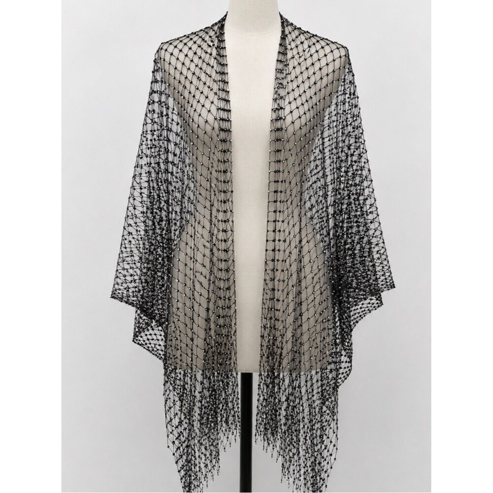 Unbranded Rhinestone Black Shawl Top Overlay Mesh Sheer Glam OSFM
